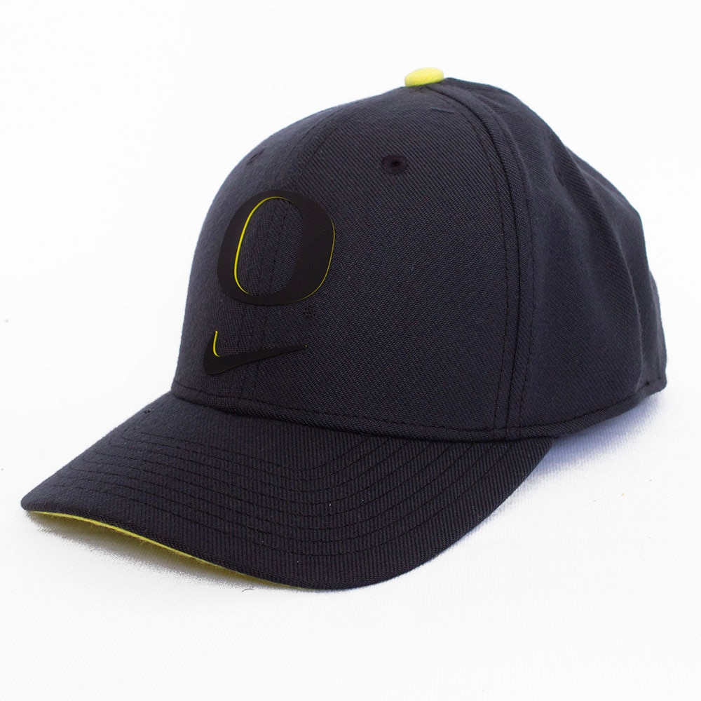 Black Nike Rise Structured 24 Tonal with Yellow Outline O Flexfit Hat